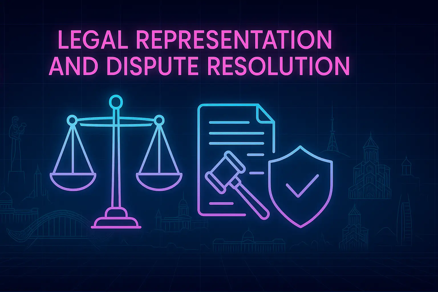 Neon digital illustration titled “Legal Representation and Dispute Resolution.” Central icons: scales of justice, gavel over document, and shield with a checkmark in cyan–magenta gradient. Background: dark blue grid with faint neon outlines of Tbilisi landmarks—Bridge of Peace, Sameba Cathedral, and Parliament—representing fairness, advocacy, and legal defense.