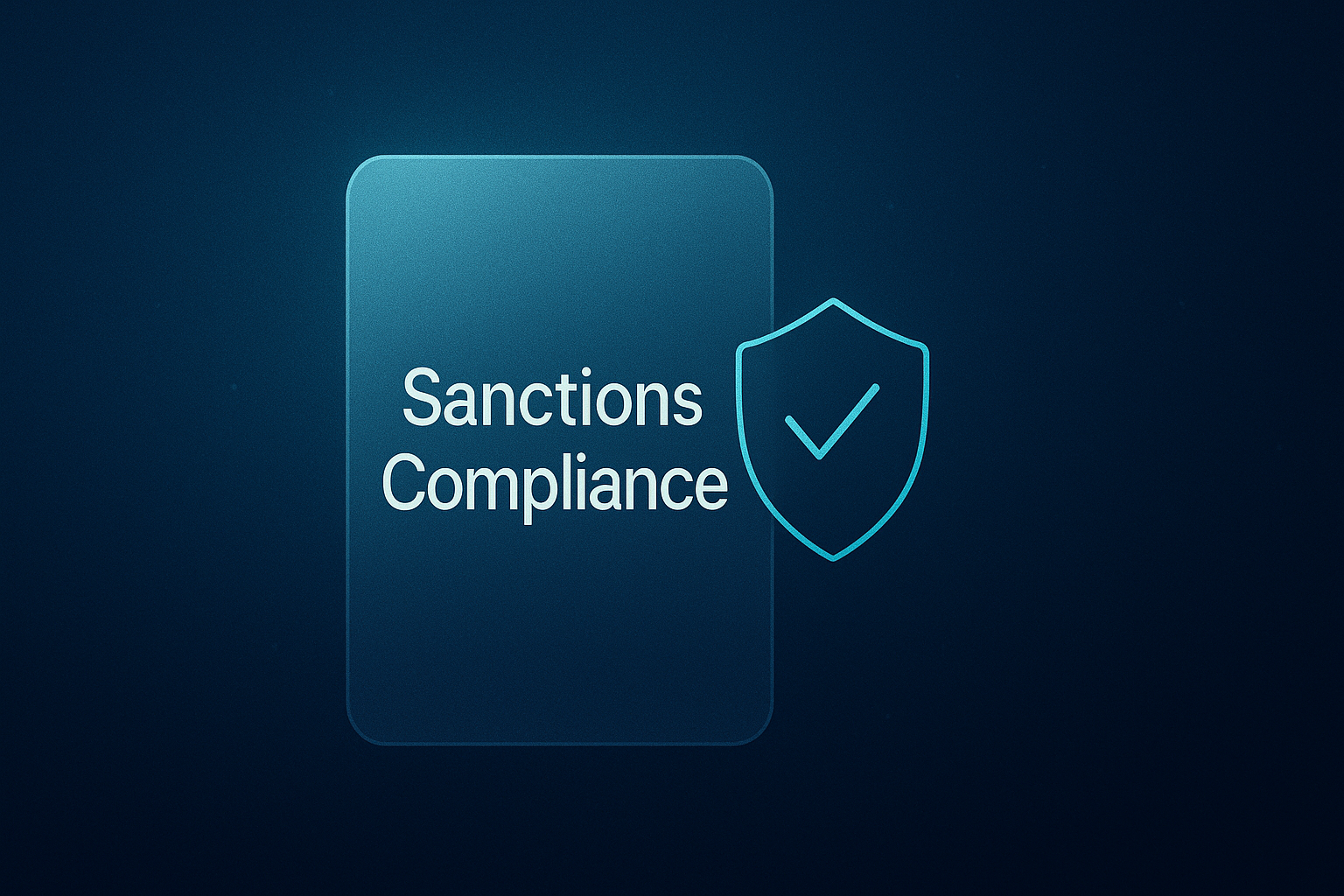 Neon digital illustration titled “Sanctions Compliance.” The artwork features glowing cyan–magenta symbols of justice scales, a shield labeled “01,” and a document with a prohibition sign. A dark blue grid foreground fades into a neon-outlined Tbilisi skyline, including the Bridge of Peace and TV Tower, symbolizing regulatory compliance and global oversight.