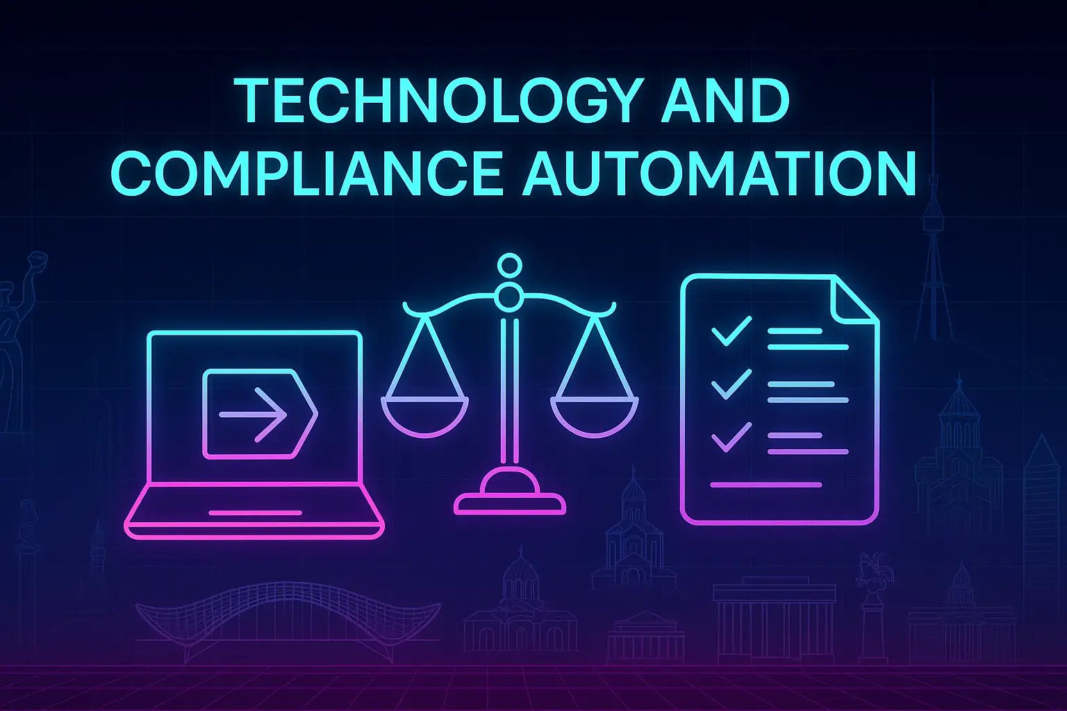 Neon-style digital illustration titled “Technology and Compliance Automation.” Central icons: laptop with arrow, justice scales, and document checklist, glowing in cyan–magenta gradient. Background: dark digital grid with subtle neon outlines of Tbilisi landmarks—Bridge of Peace, Sameba Cathedral, and Justice House—symbolizing the fusion of automation and regulatory integrity.