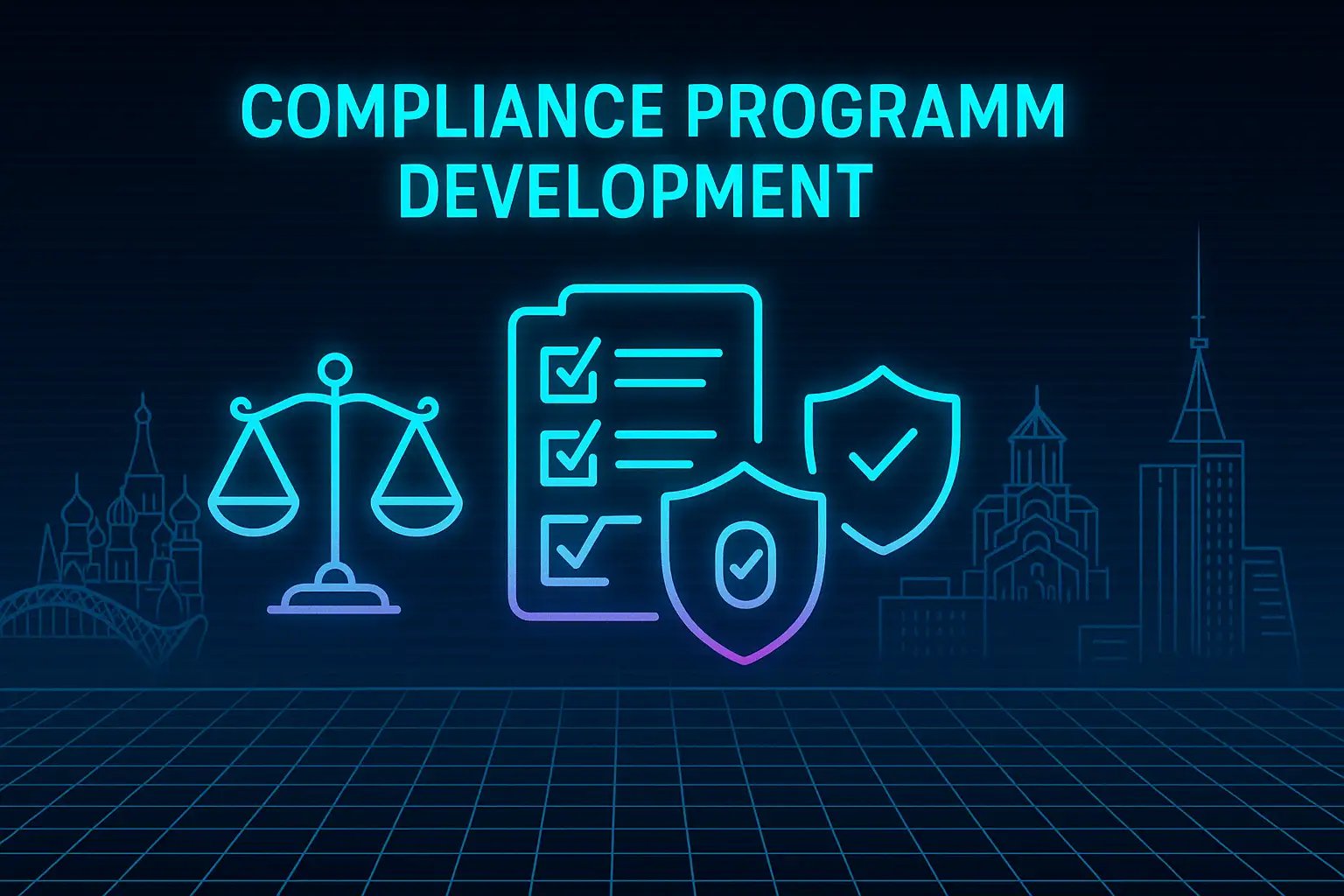 Neon digital illustration titled “Compliance Program Development.” It depicts glowing icons of justice scales, a checklist, and shield symbols in cyan–magenta hues. The dark grid background features faint neon outlines of the Bridge of Peace, Sameba Cathedral, and Bank of Georgia building, symbolizing structured governance and compliance development.