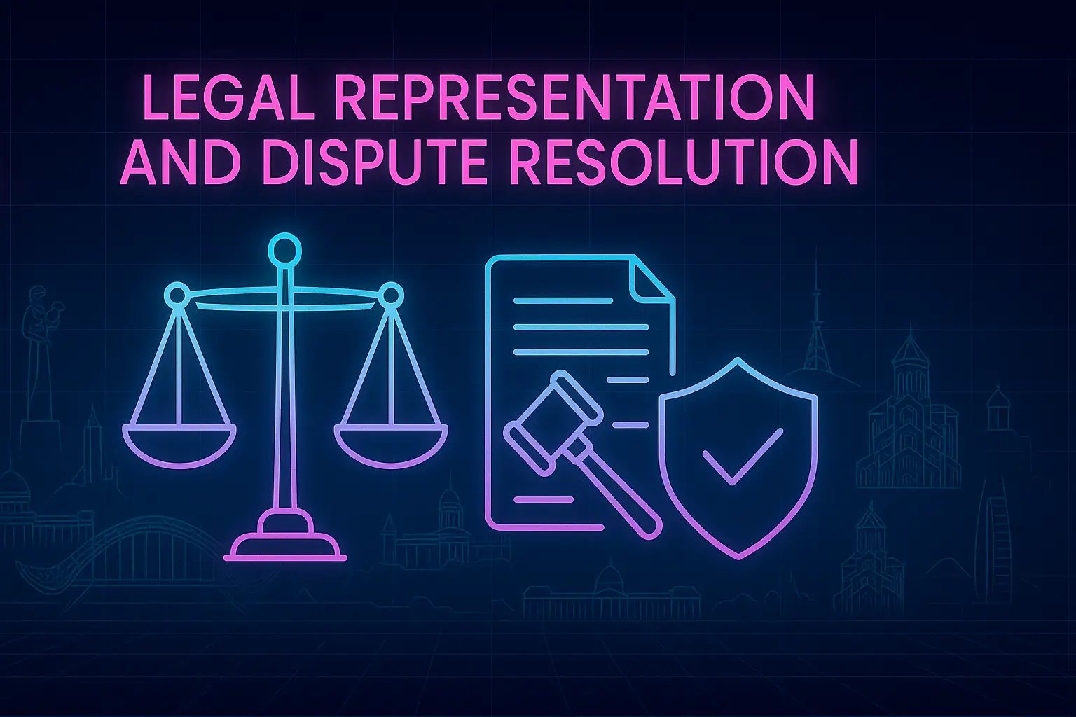 Neon digital illustration titled “Legal Representation and Dispute Resolution.” Central icons: scales of justice, gavel over document, and shield with a checkmark in cyan–magenta gradient. Background: dark blue grid with faint neon outlines of Tbilisi landmarks—Bridge of Peace, Sameba Cathedral, and Parliament—representing fairness, advocacy, and legal defense.